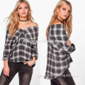 100% Cotton Checked Off The Shoulder Blouse Top Ladies Check Shirts Designs For Latest Sexy Women